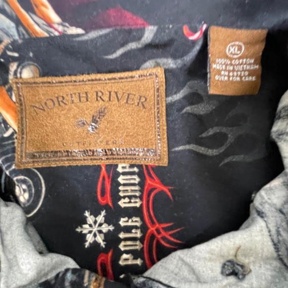 Mens Santa North Pole Choppers Motorcycle Graphic Button Up Shirt XL Long Sleeve - Picture 10 of 11